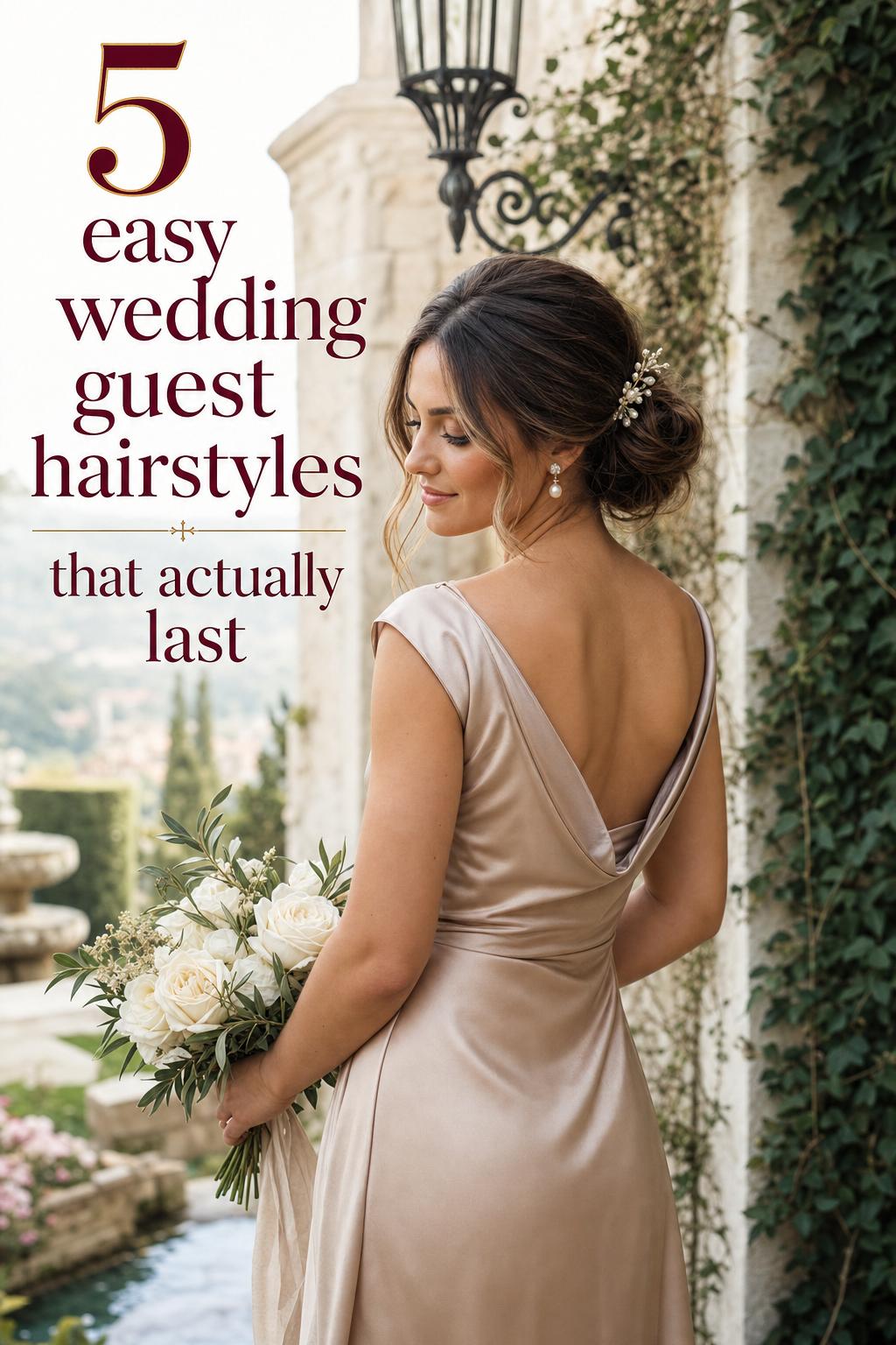 Elegant woman in satin dress with low bun and crystal pin, showcasing easy wedding guest hairstyles at a villa garden wedding