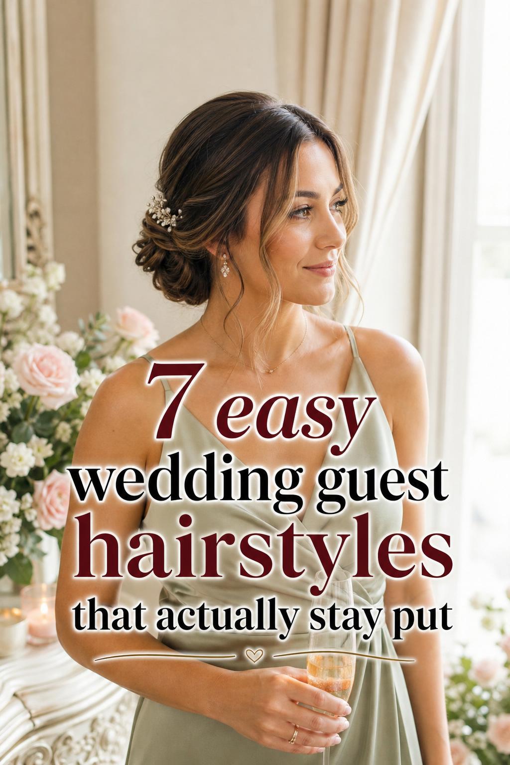 Easy wedding guest hairstyles: chic low twisted bun with crystal pin by a bright window in an elegant bridal suite
