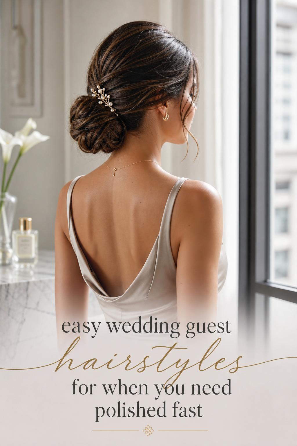 Easy wedding guest hairstyles featuring a sleek low bun with pearl pin by a bright window in a modern bridal suite