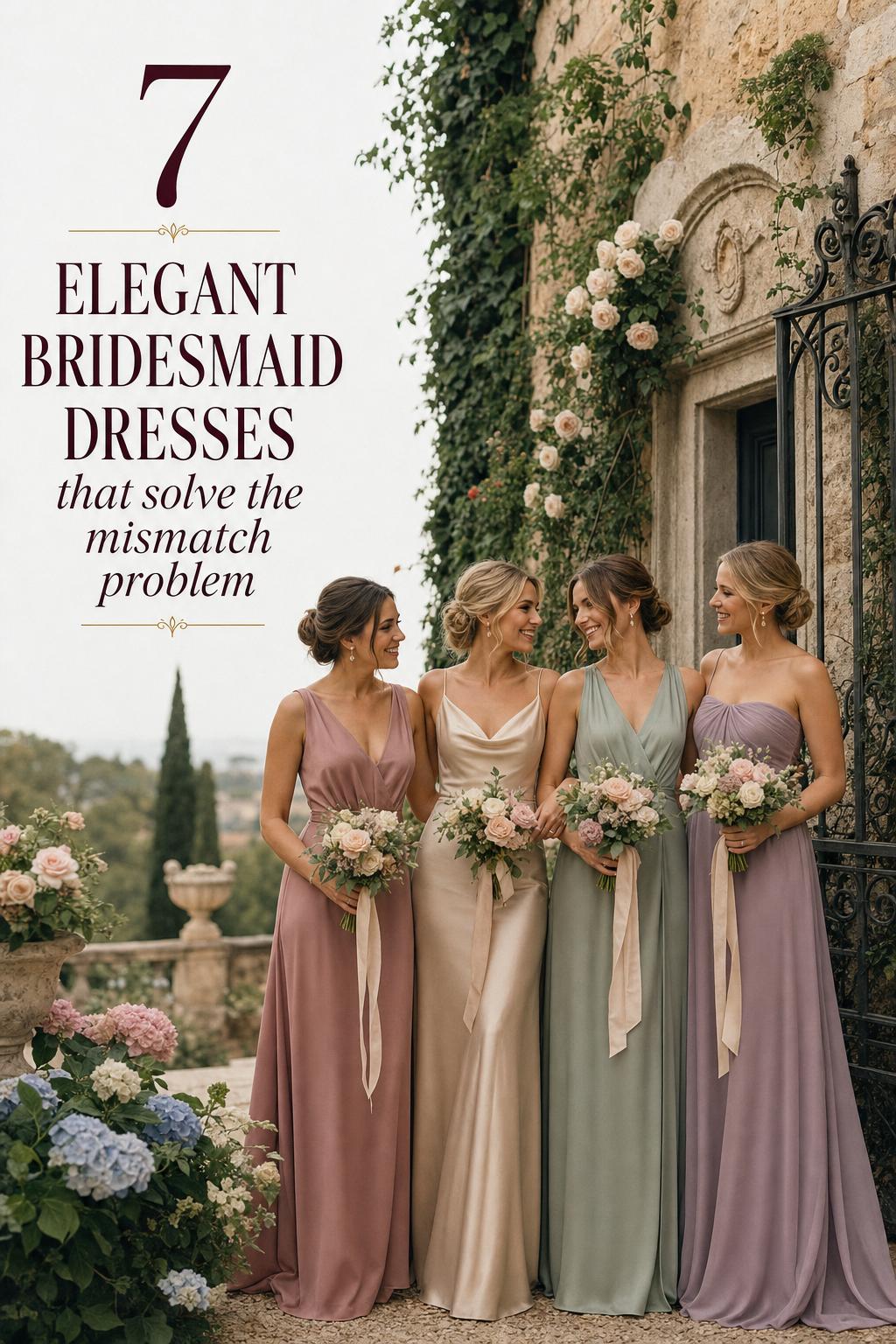Elegant bridesmaid dresses in satin and chiffon on four women in a European villa garden terrace wedding scene