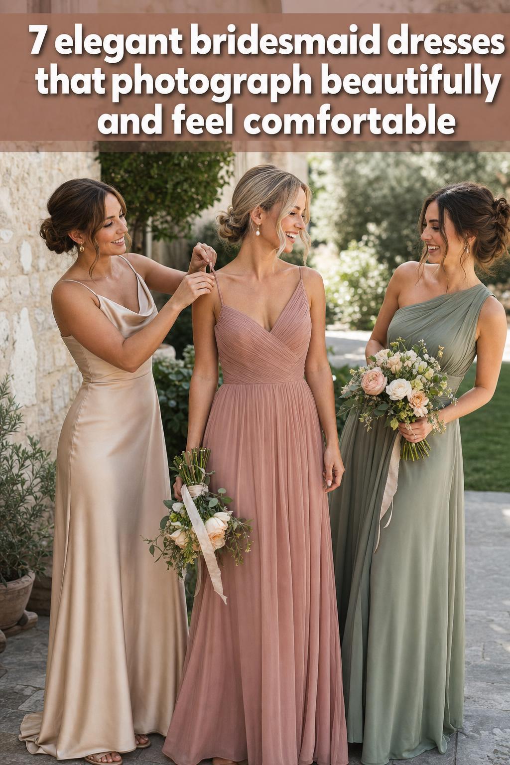 Elegant bridesmaid dresses in soft pastel shades, photographed in a bright bridal studio setting