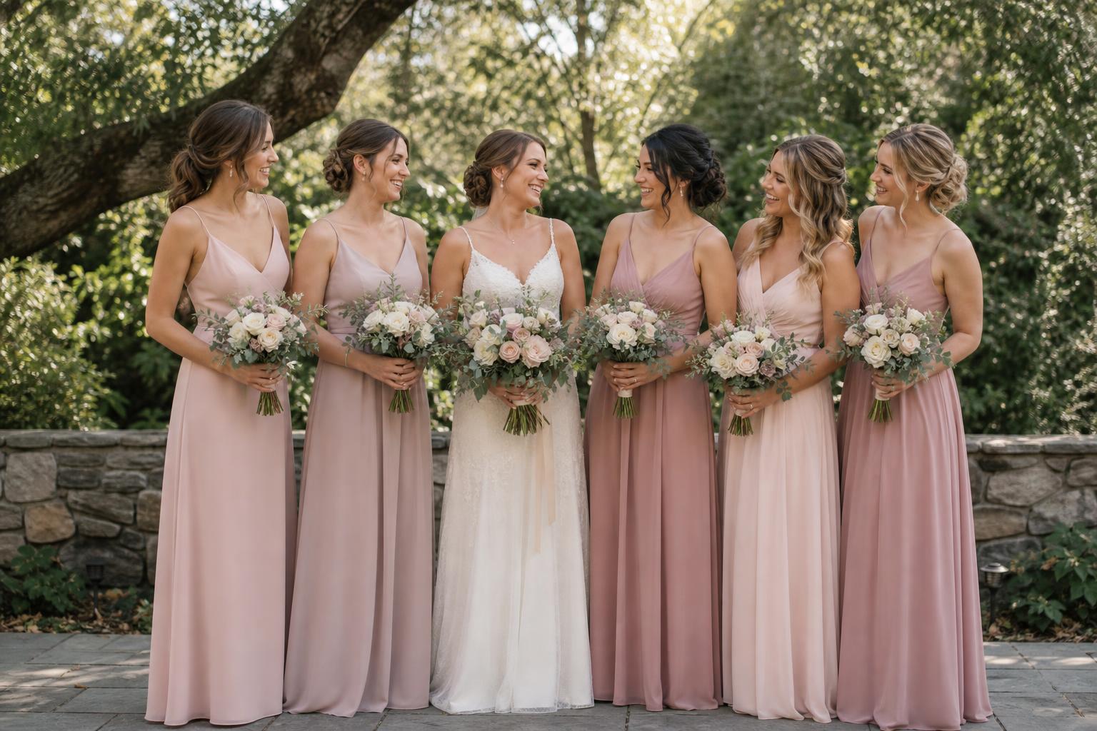 Elegant bridesmaid dresses in satin and chiffon, floor-length gowns styled for a formal wedding party photo