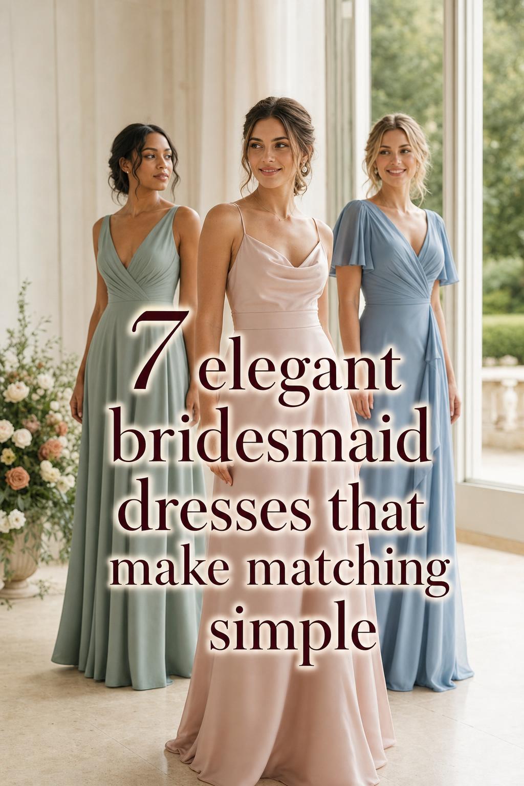 Elegant bridesmaid dresses in soft satin and chiffon, three bridesmaids posed by tall windows in a light wedding venue