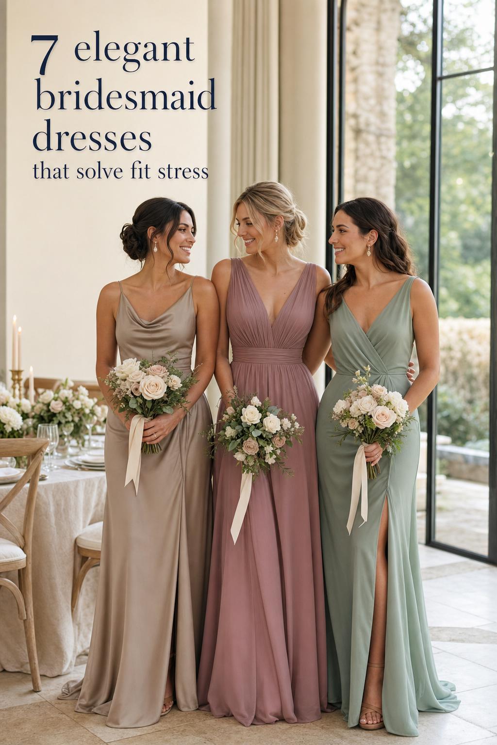 Three bridesmaids in elegant bridesmaid dresses by tall windows overlooking a garden terrace, soft candlelit wedding styling moment
