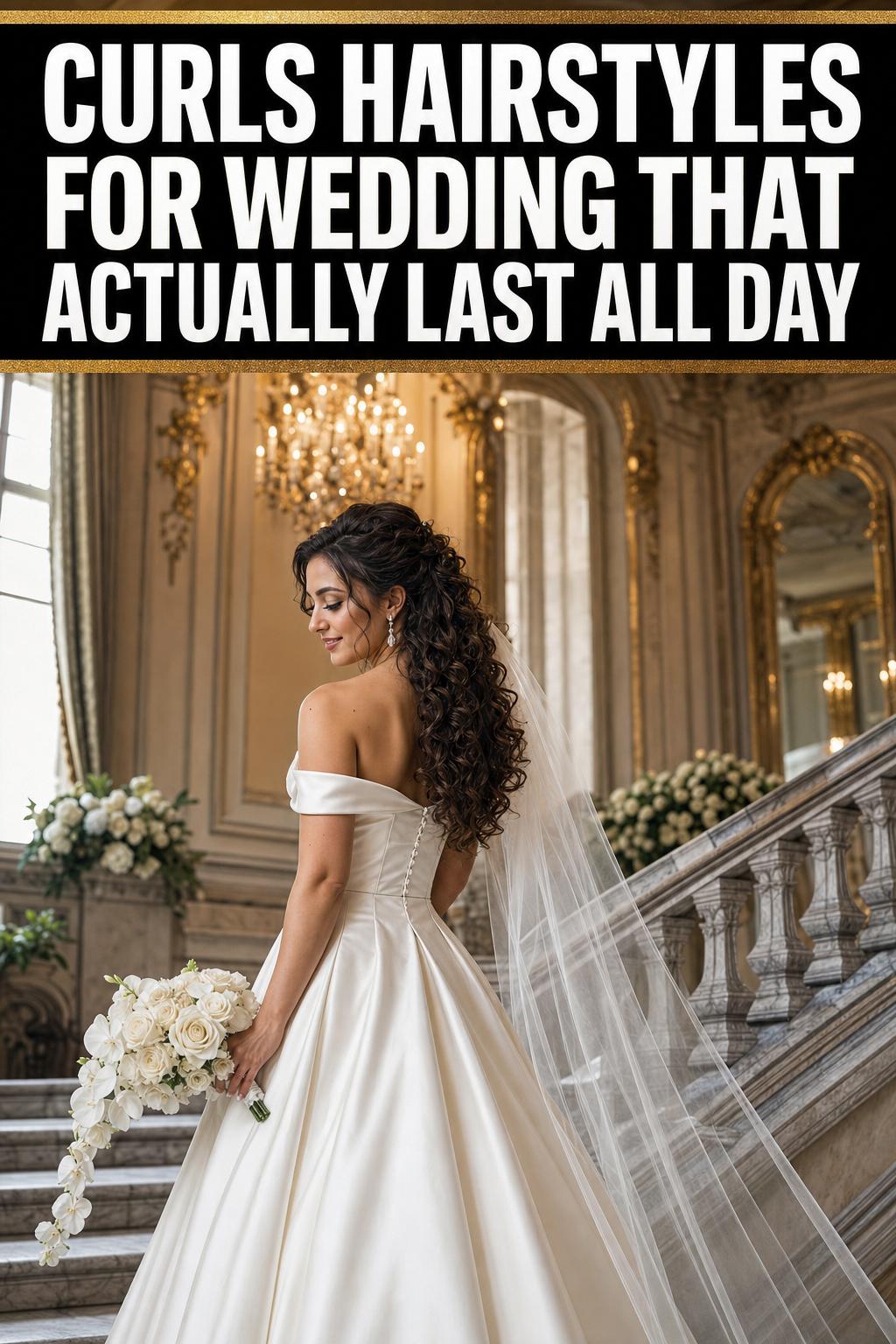 Elegant curls hairstyles for wedding with soft romantic updo details in a bridal setting