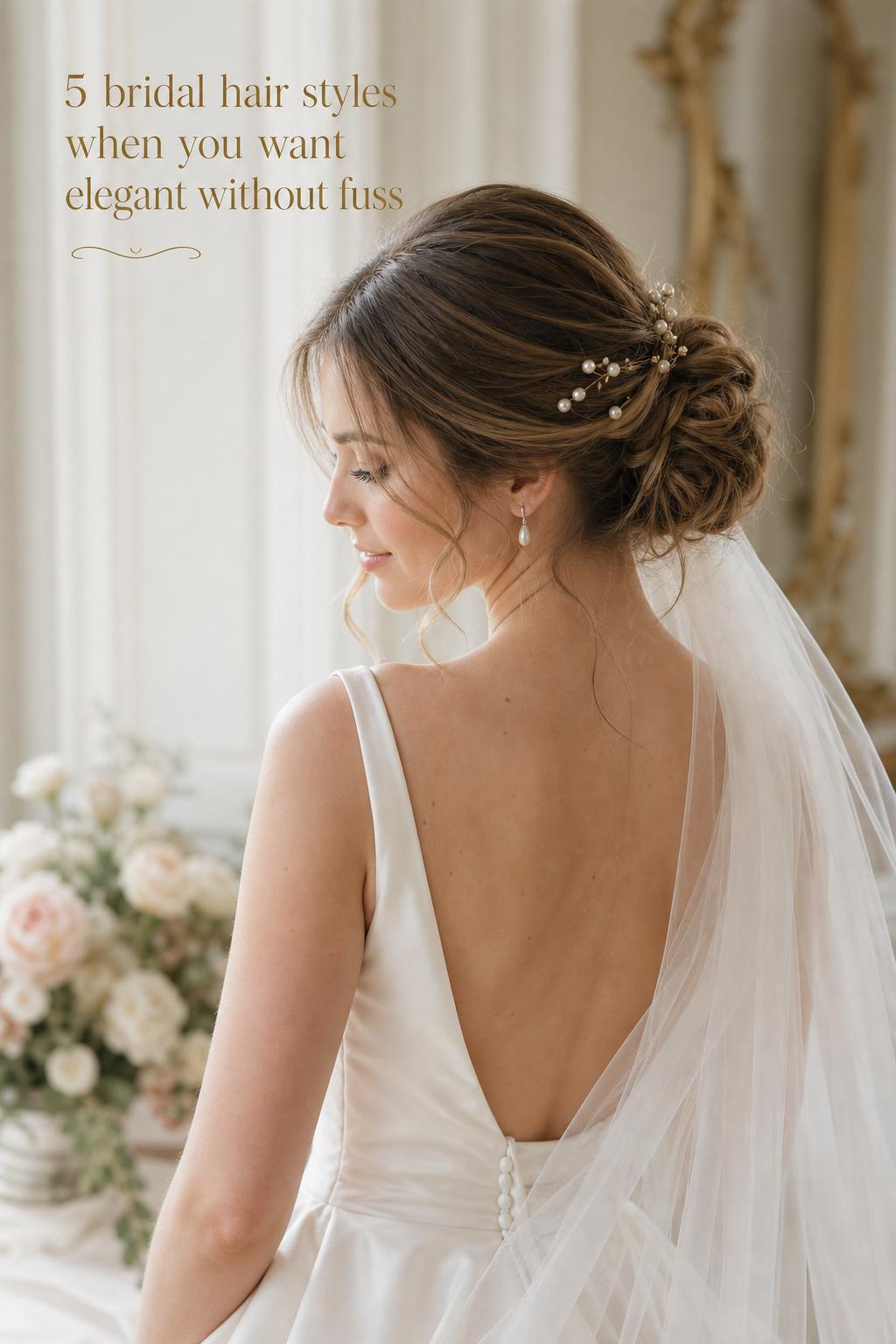 Bride in ivory gown with low chignon and pearl accents, romantic window light bridal hair styles inspiration