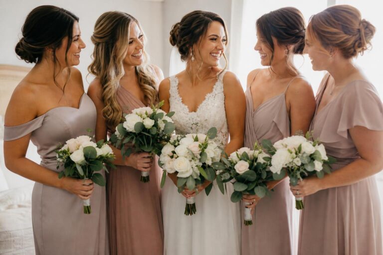 Elegant maid of honor outfit in satin A-line gown with subtle lace detail, perfect for a formal wedding setting