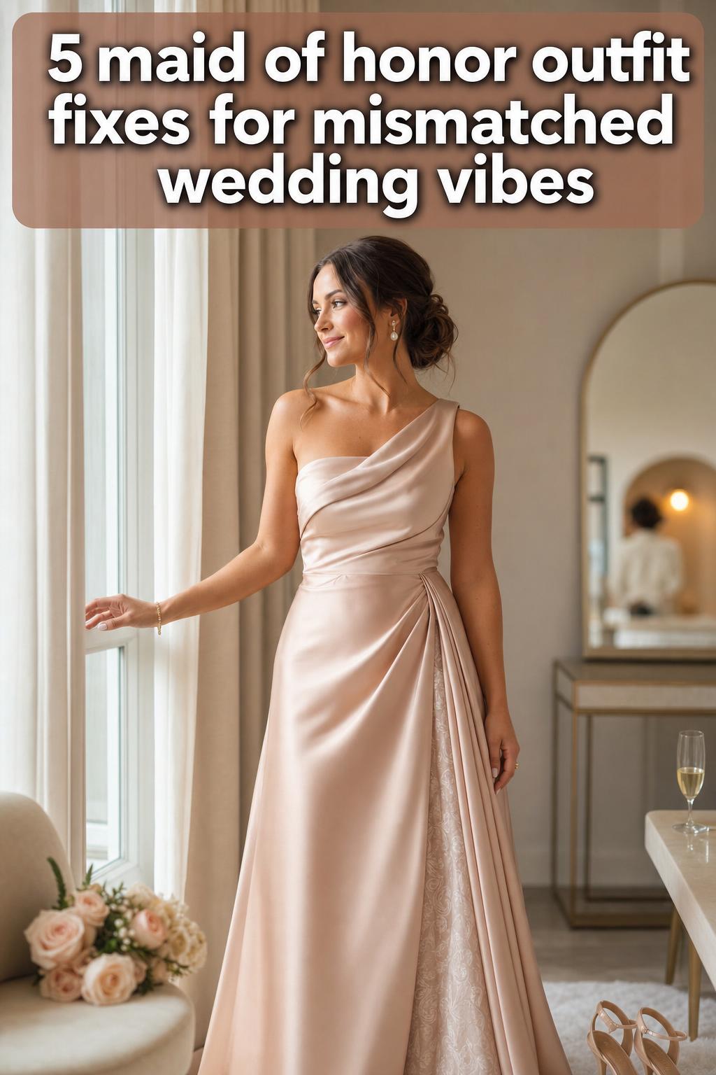Maid of honor outfit in a soft, elegant dress with coordinated accessories at a wedding venue