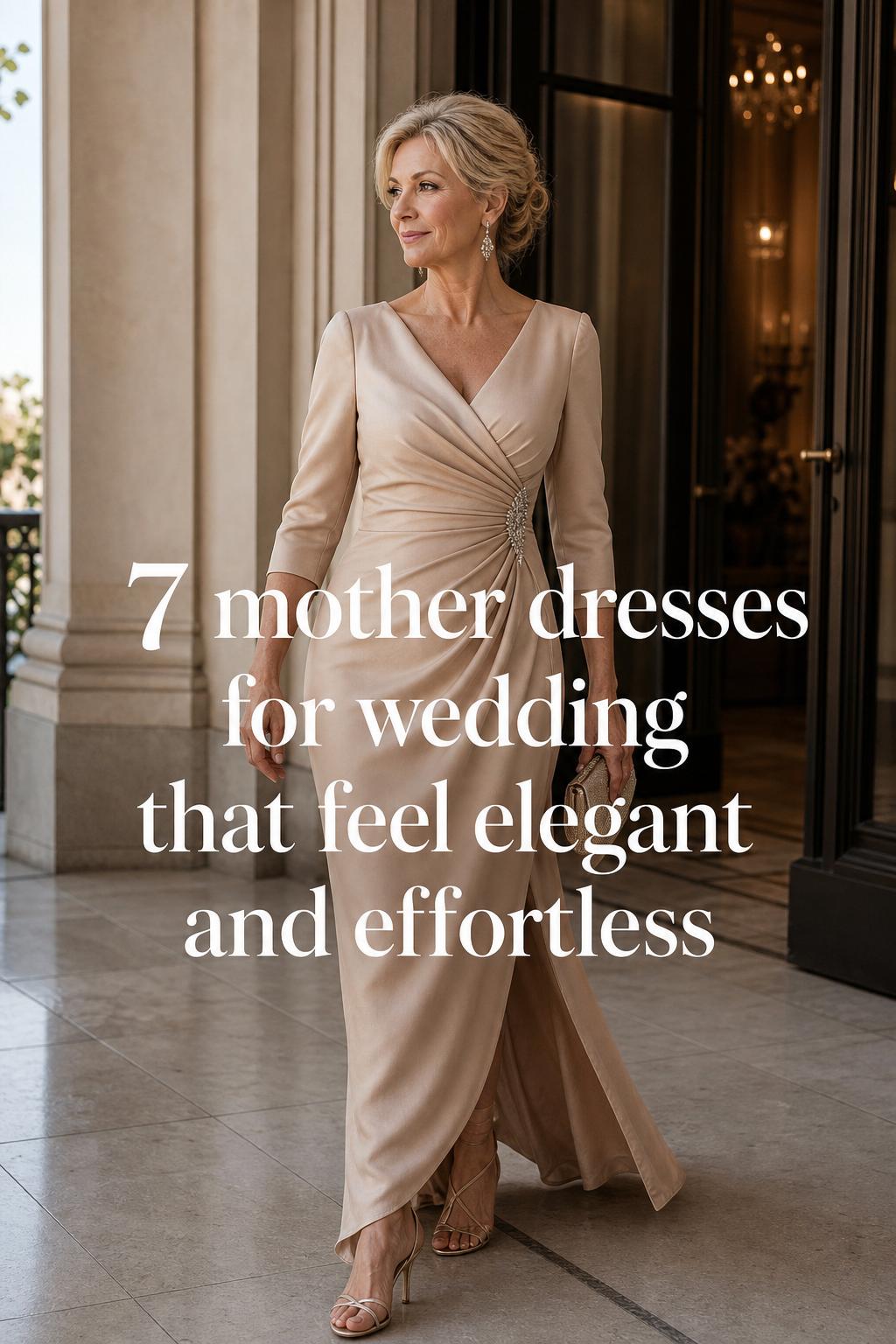 Elegant mother dresses for wedding look in champagne gown on luxury hotel terrace, Vogue-style editorial portrait