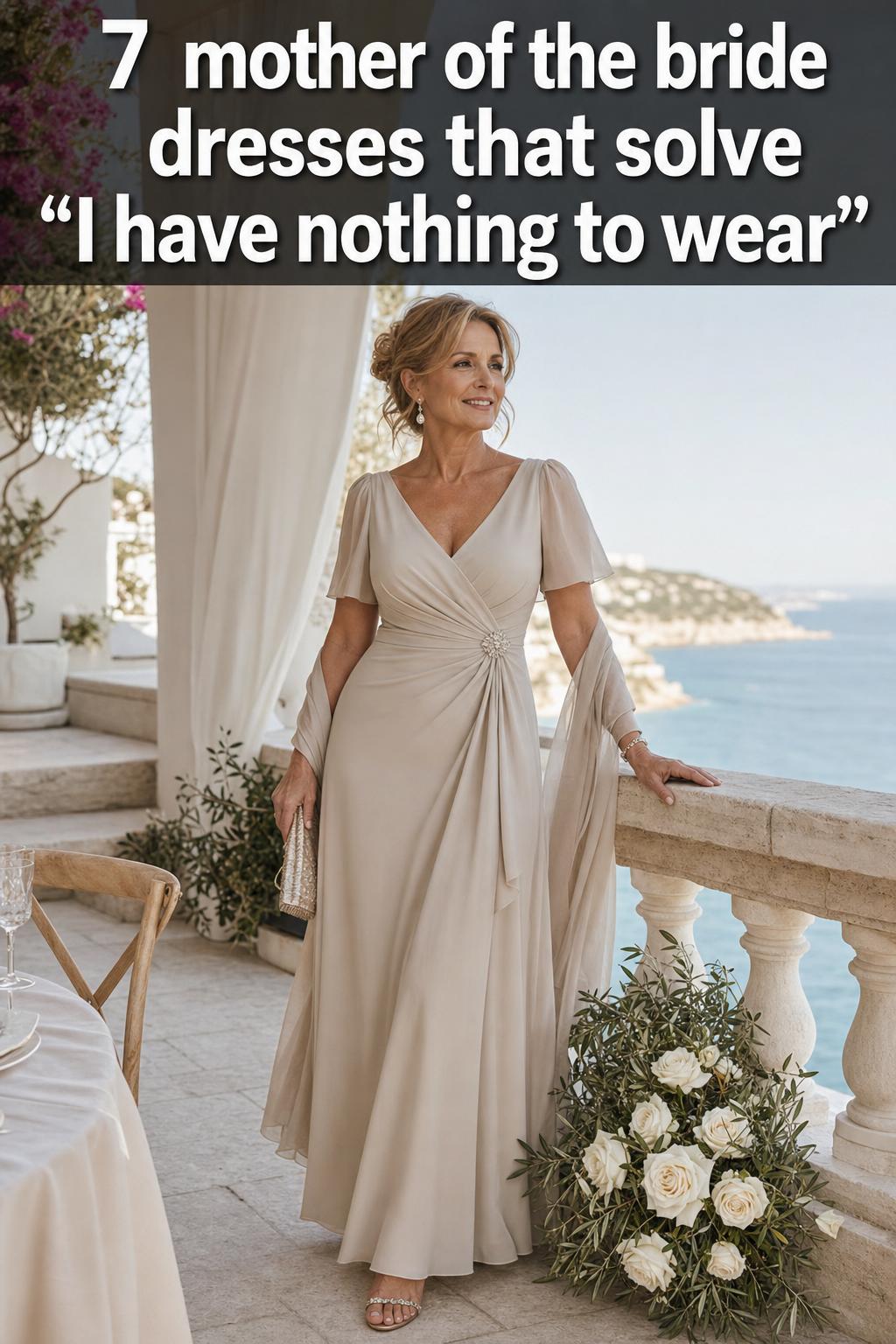 Elegant mother of the bride dresses displayed on mannequins in a bright bridal boutique showroom