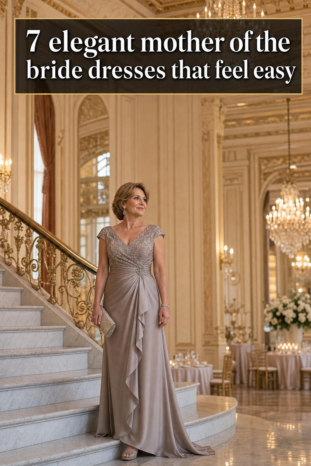 Elegant mother of the bride dresses in a bright bridal boutique with classic silhouettes and refined details