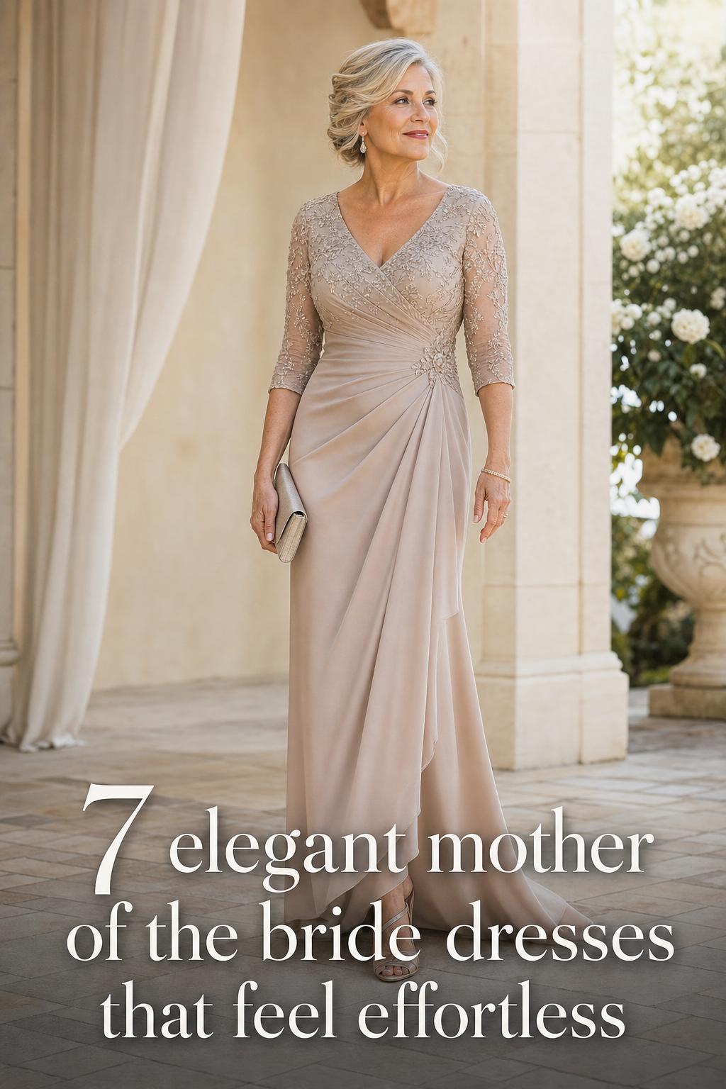 Elegant mother of the bride dresses: sophisticated woman in a champagne gown standing in a softly lit wedding venue corner