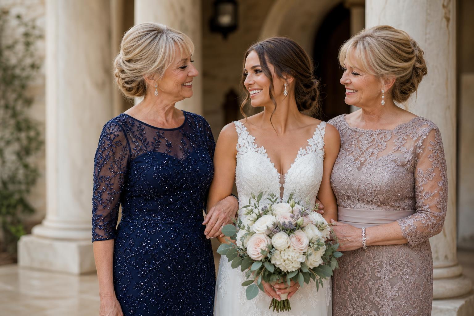Elegant mother of the bride dresses in chiffon and lace on a formal wedding boutique rack, soft neutral tones