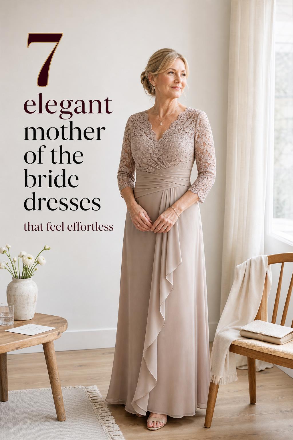 Elegant mother of the bride dresses: poised woman in champagne gown by a bright Scandinavian window, soft daylight and calm minimal decor.