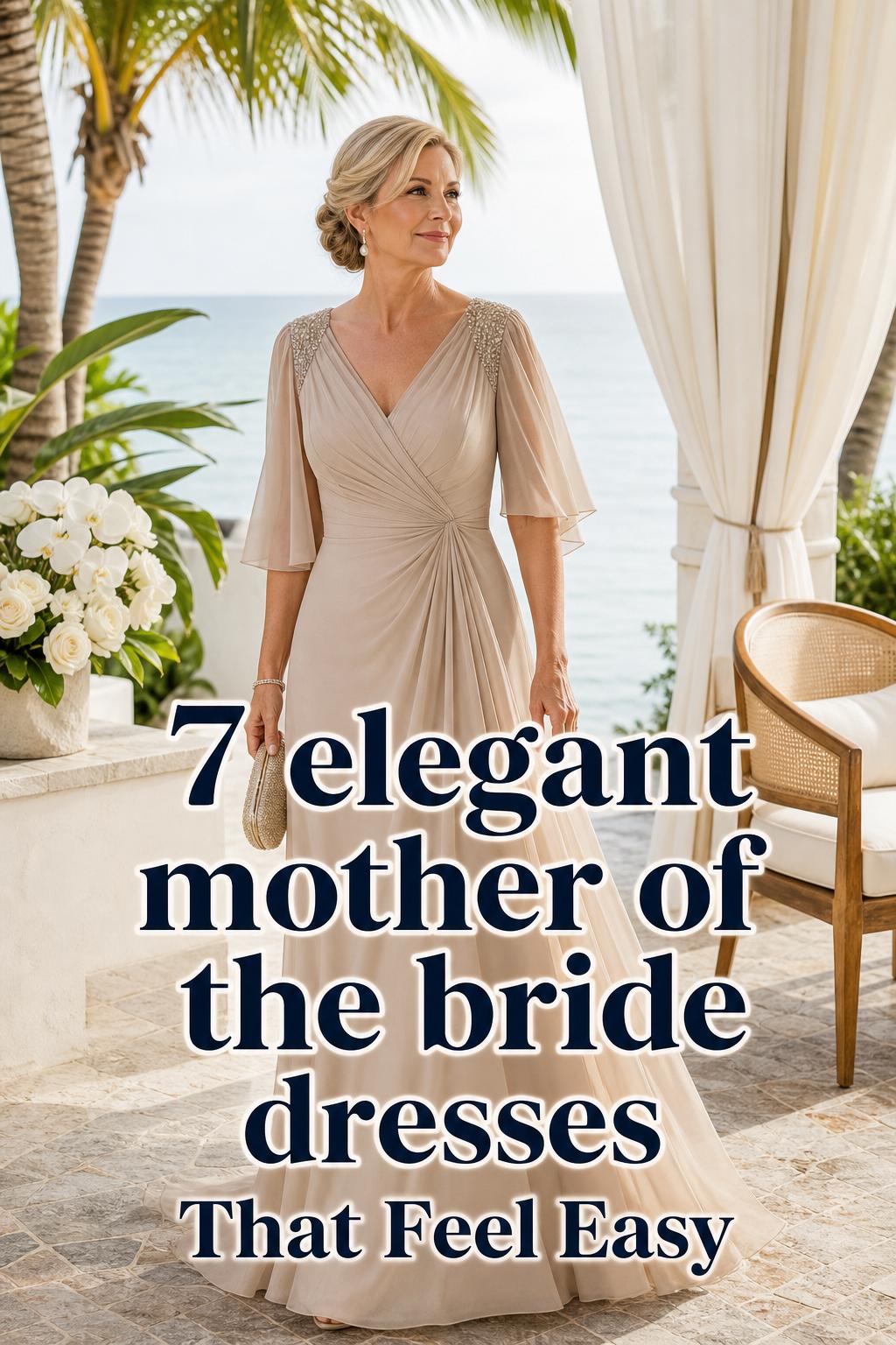 Poised mother of the bride in a chiffon gown on a tropical terrace, showcasing elegant mother of the bride dresses