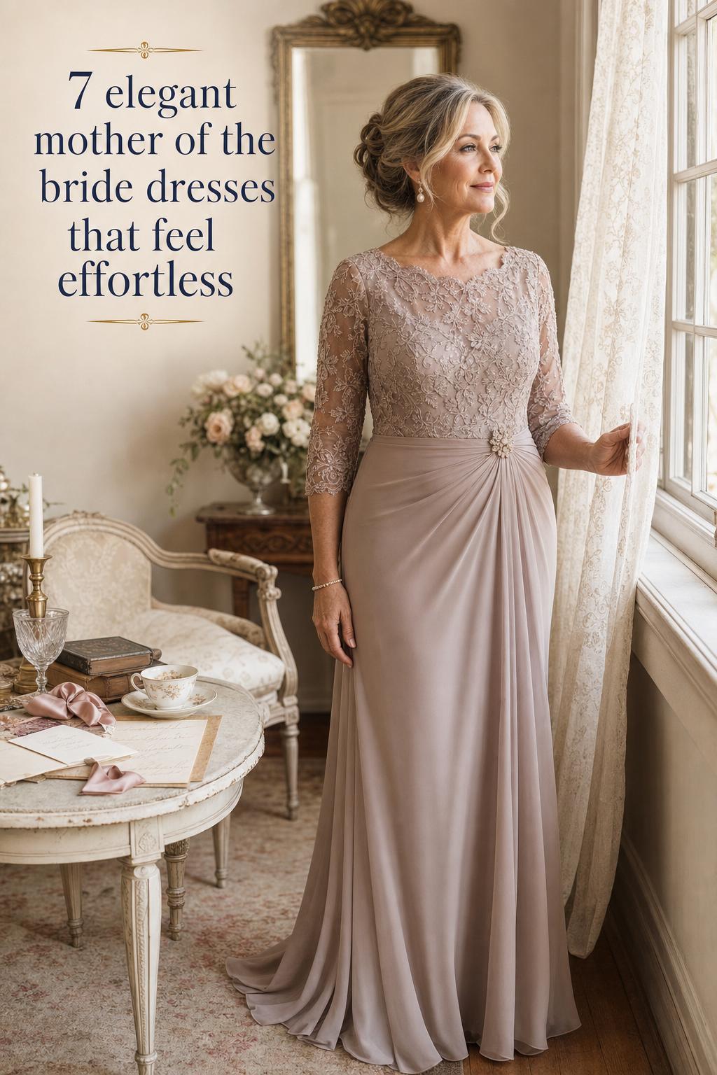 Elegant mother of the bride dresses showcased in a vintage bridal suite portrait by a window with soft chiffon and pearl details.