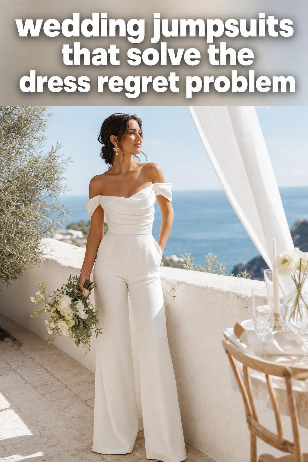 Bride wearing elegant wedding jumpsuits in a bright studio setting
