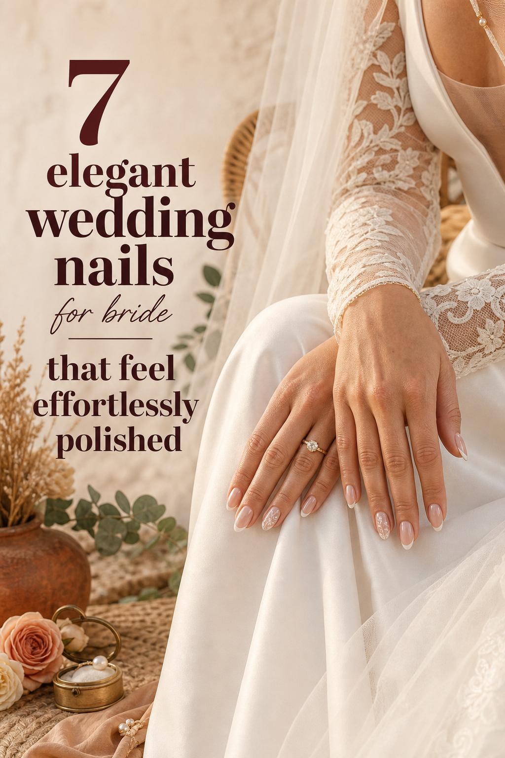 Elegant wedding nails for bride with sheer pink French tips, pearls, and lace art on ivory satin gown at golden hour