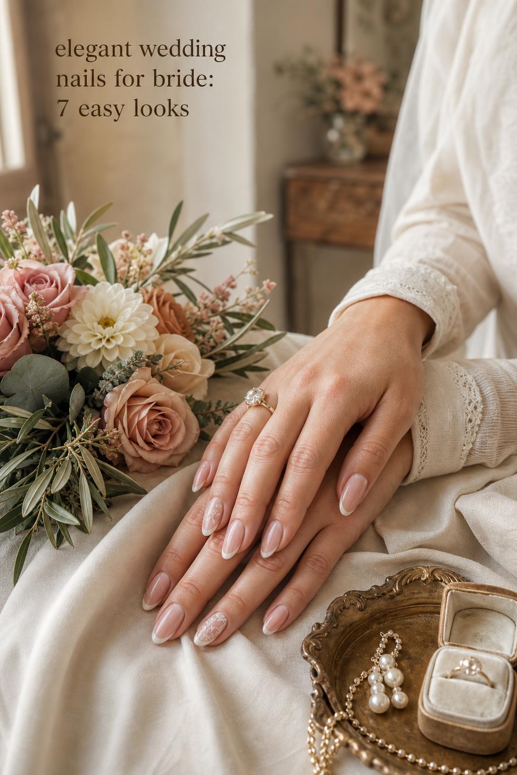 Elegant wedding nails for bride close-up of bride hands with sheer pink micro French manicure beside bouquet in warm window light