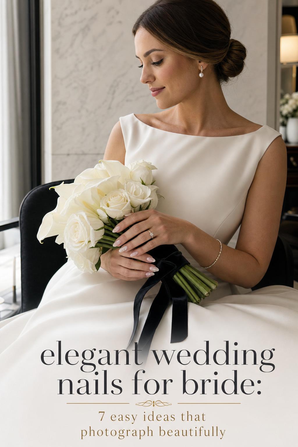 Elegant wedding nails for bride with sheer pink French tips as bride holds white roses in a luxury bridal suite