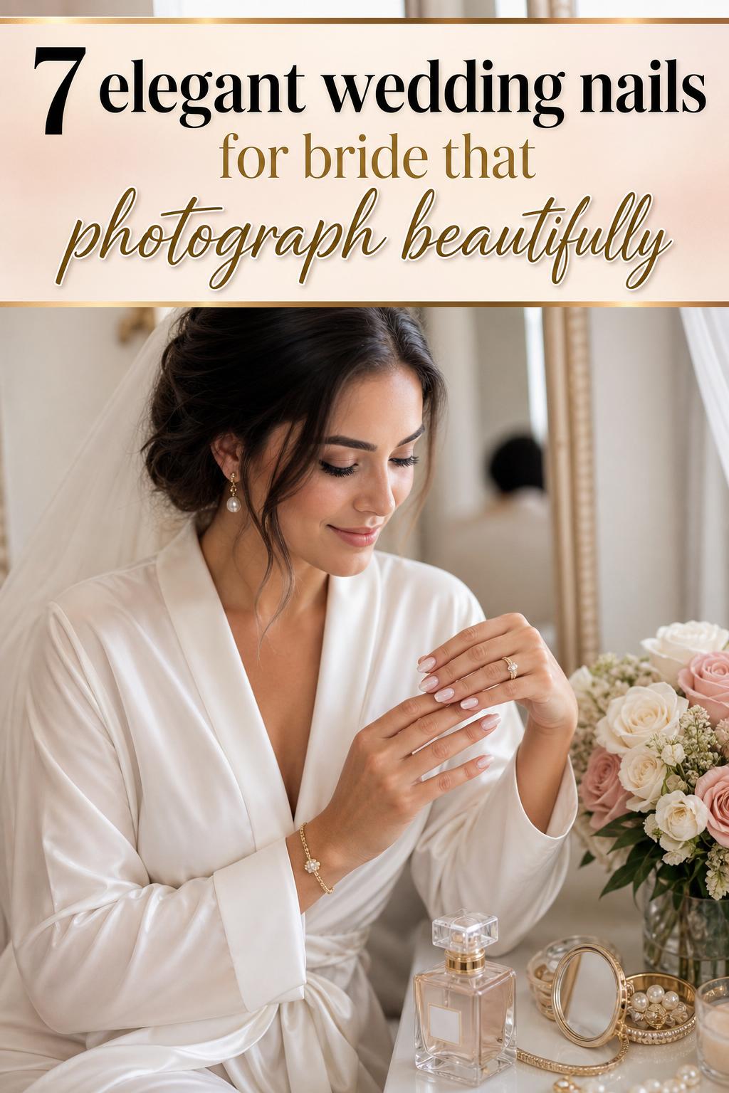 Elegant wedding nails for bride with glossy nude manicure and delicate pearl accents in soft natural light.
