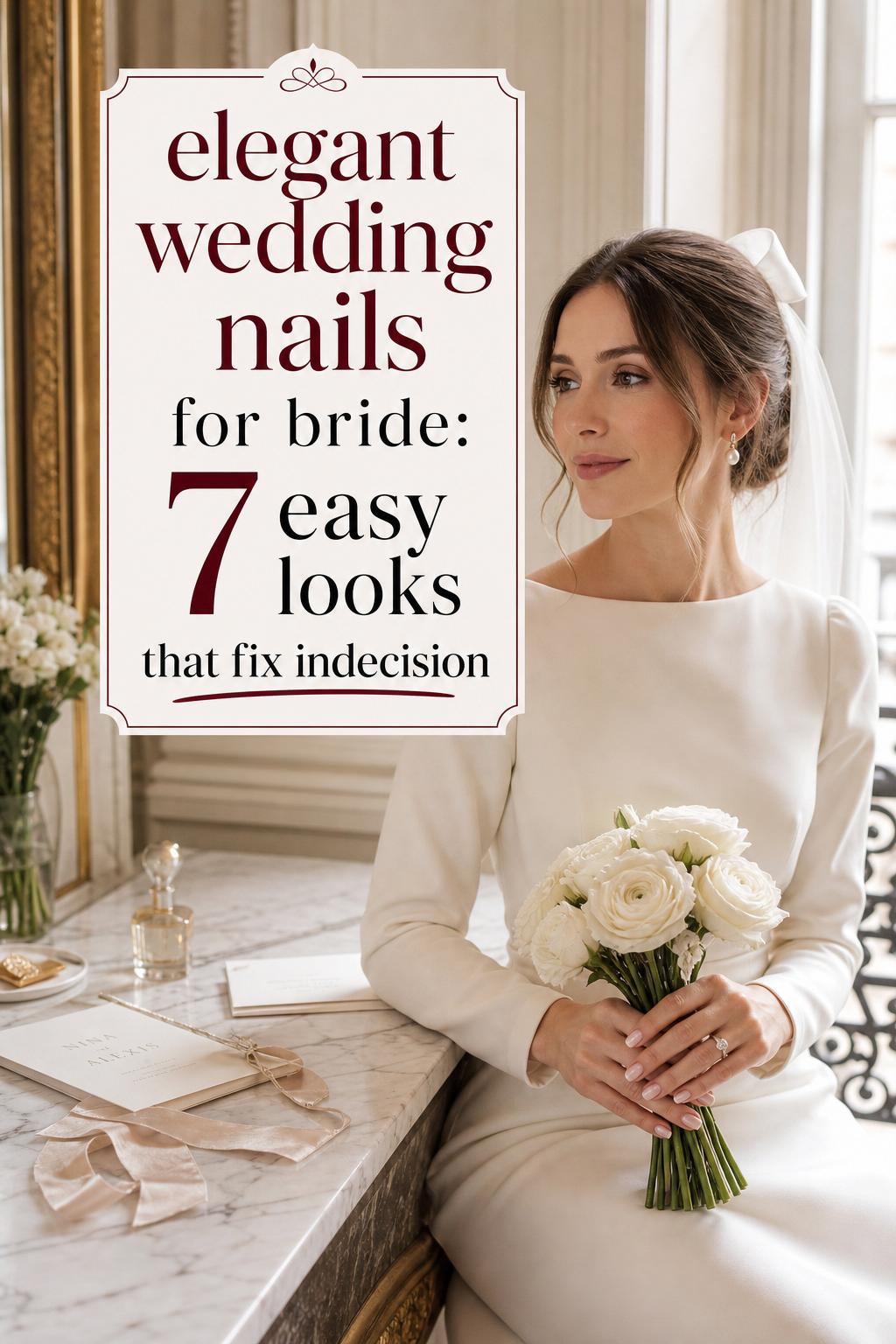 Elegant wedding nails for bride holding white rose bouquet in Parisian chic civil wedding, ivory satin dress by a tall window