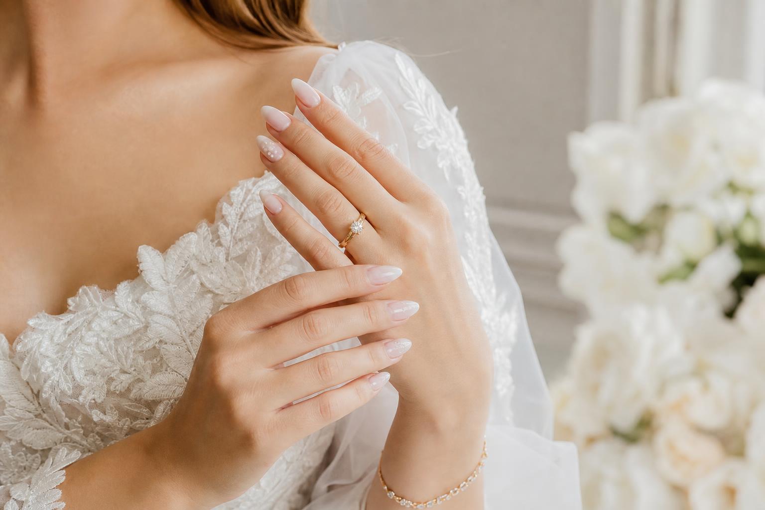 Elegant wedding nails for bride with soft pink almond shape and glossy finish, perfect for ring photos