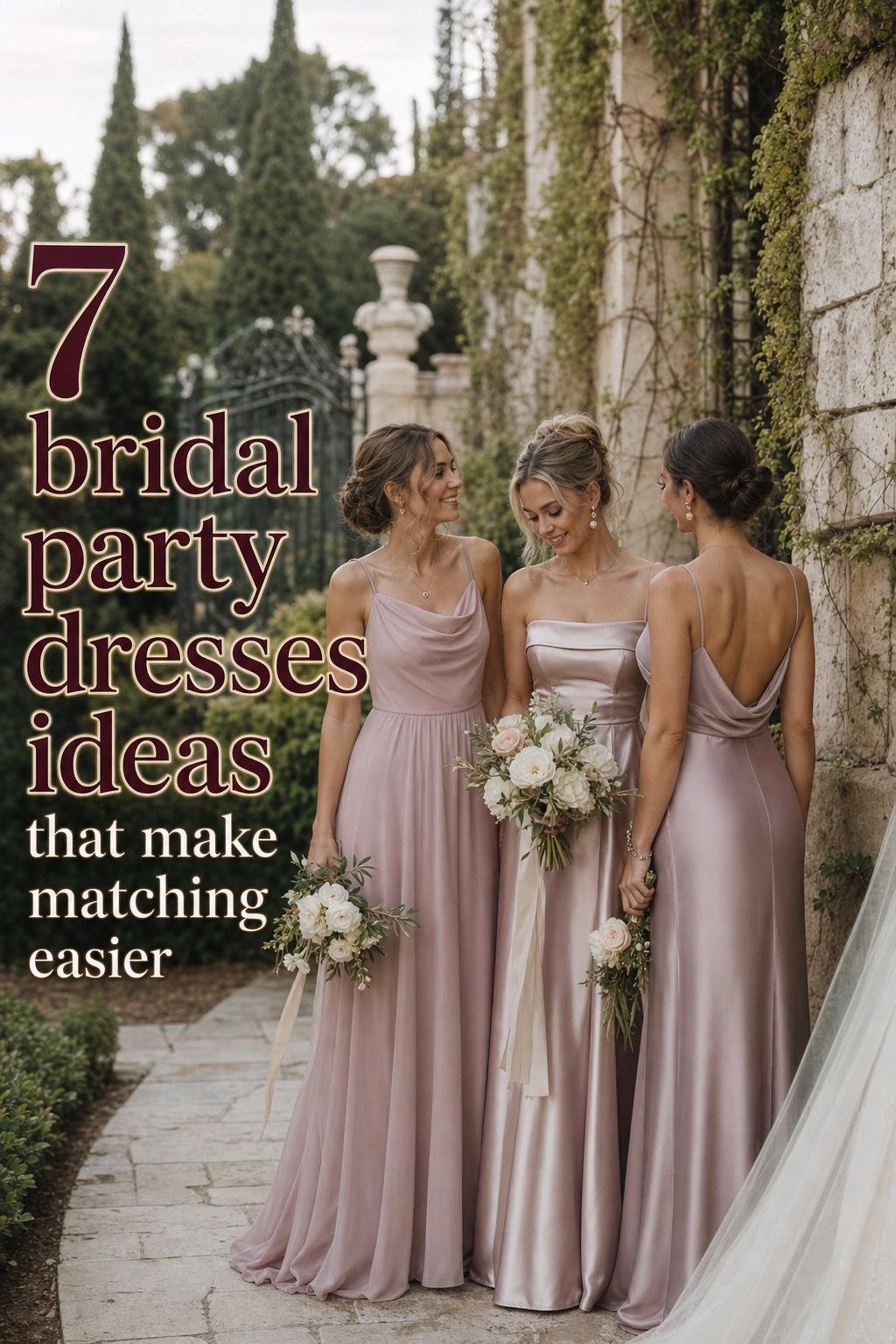Bridesmaids in cohesive bridal party dresses beside an ivy-covered European villa garden terrace with elegant Pinterest text overlay