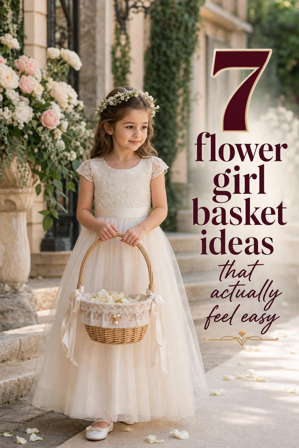 Elegant flower girl basket in a European villa garden wedding moment with young flower girl and soft romantic daylight