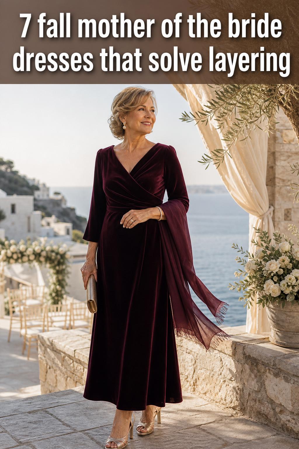 Elegant fall mother of the bride dresses in warm tones, photographed at an outdoor autumn wedding venue