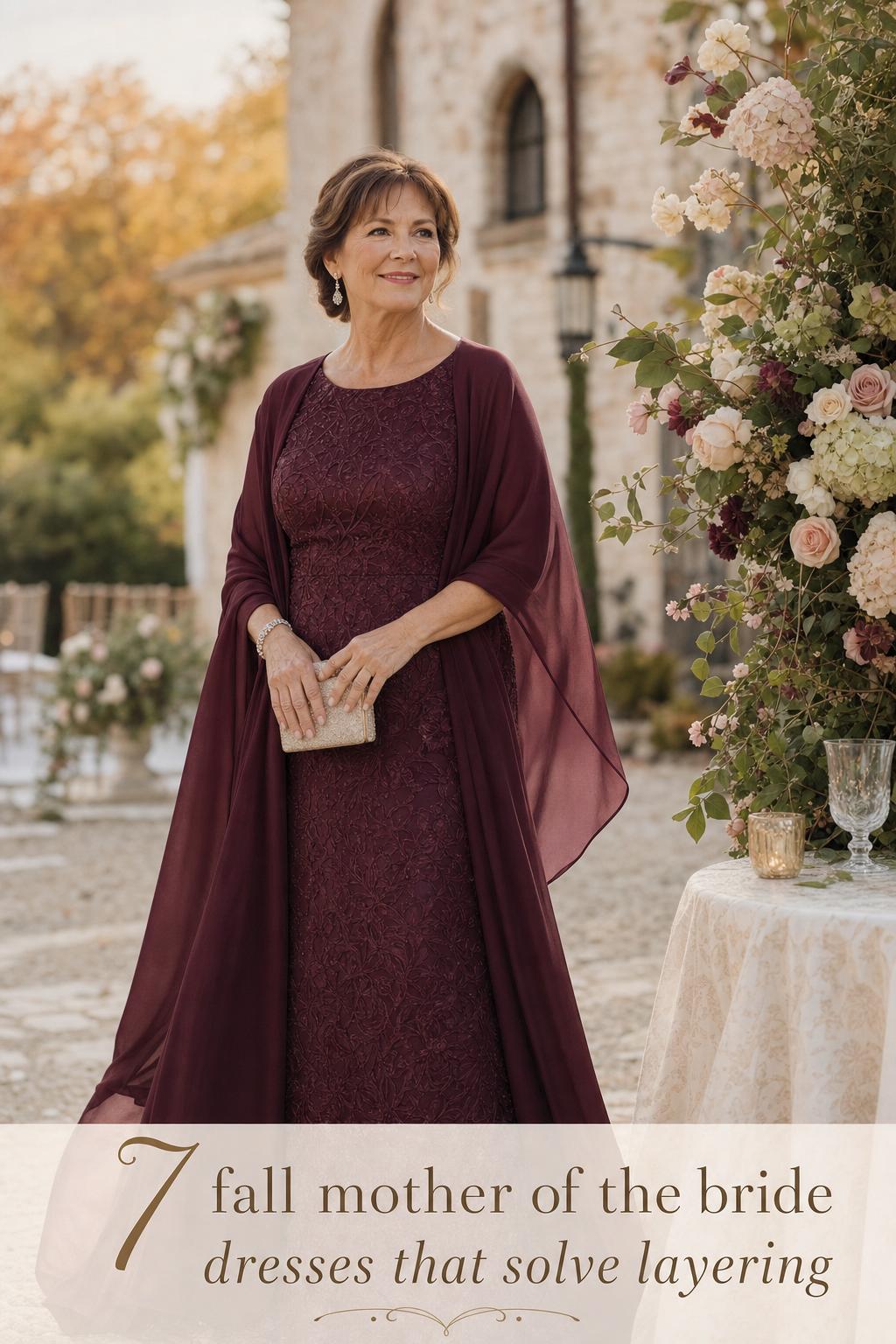 Fall mother of the bride dresses inspiration: elegant woman in burgundy gown at autumn wedding venue with soft florals