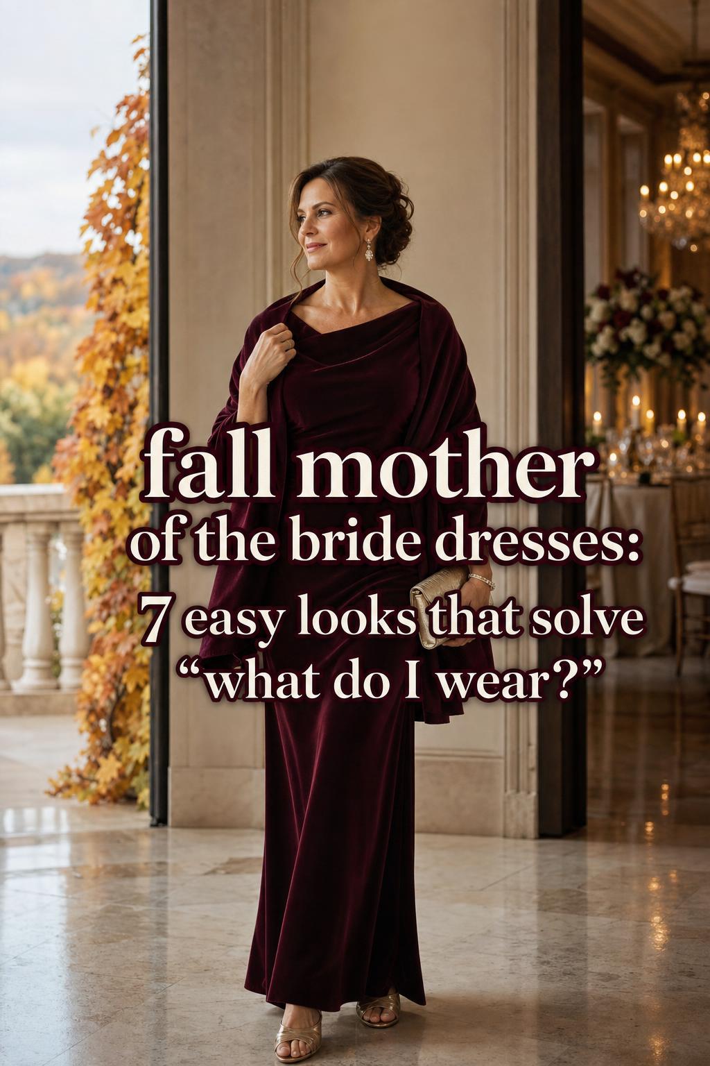 Fall mother of the bride dresses editorial photo of elegant woman in burgundy velvet gown with shawl in luxury autumn venue corridor