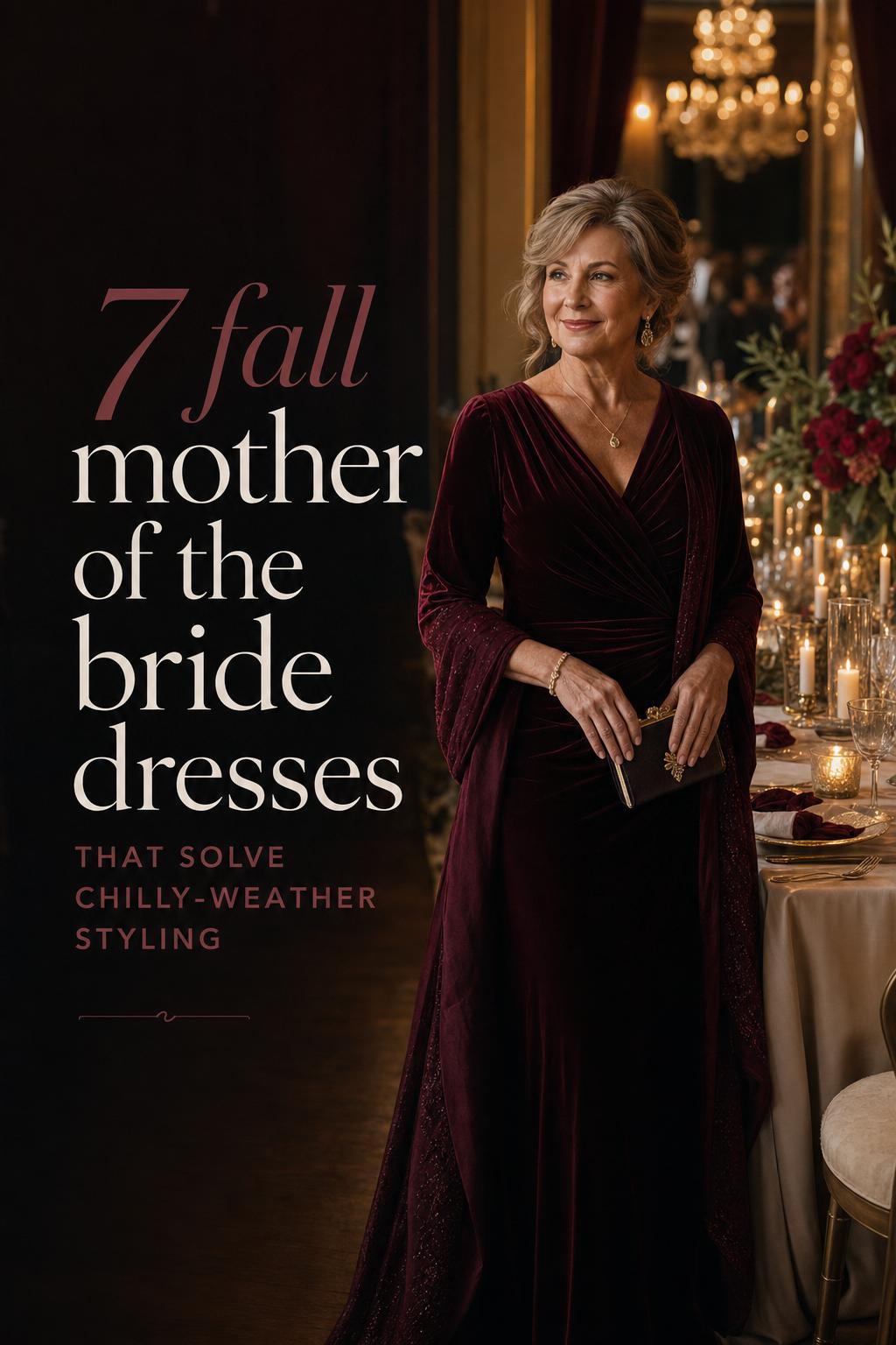 Fall mother of the bride dresses inspiration with a mature woman in a burgundy velvet gown in a candlelit autumn wedding ballroom