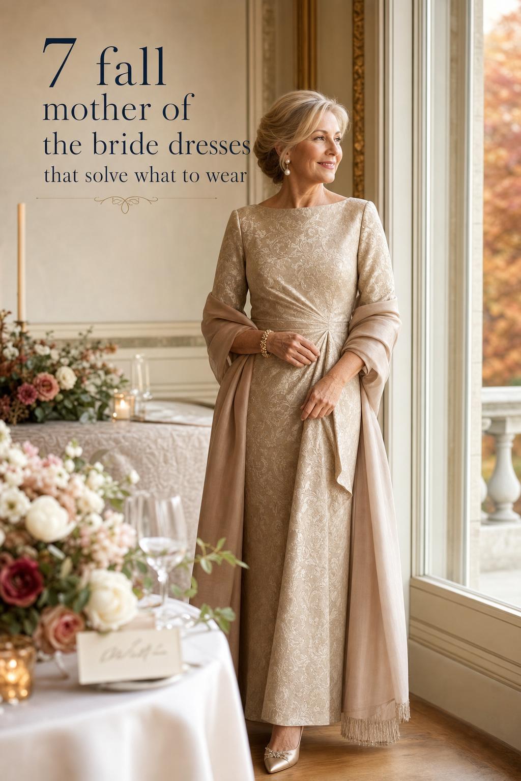 Elegant woman in emerald velvet gown by window in historic ballroom, showcasing fall mother of the bride dresses
