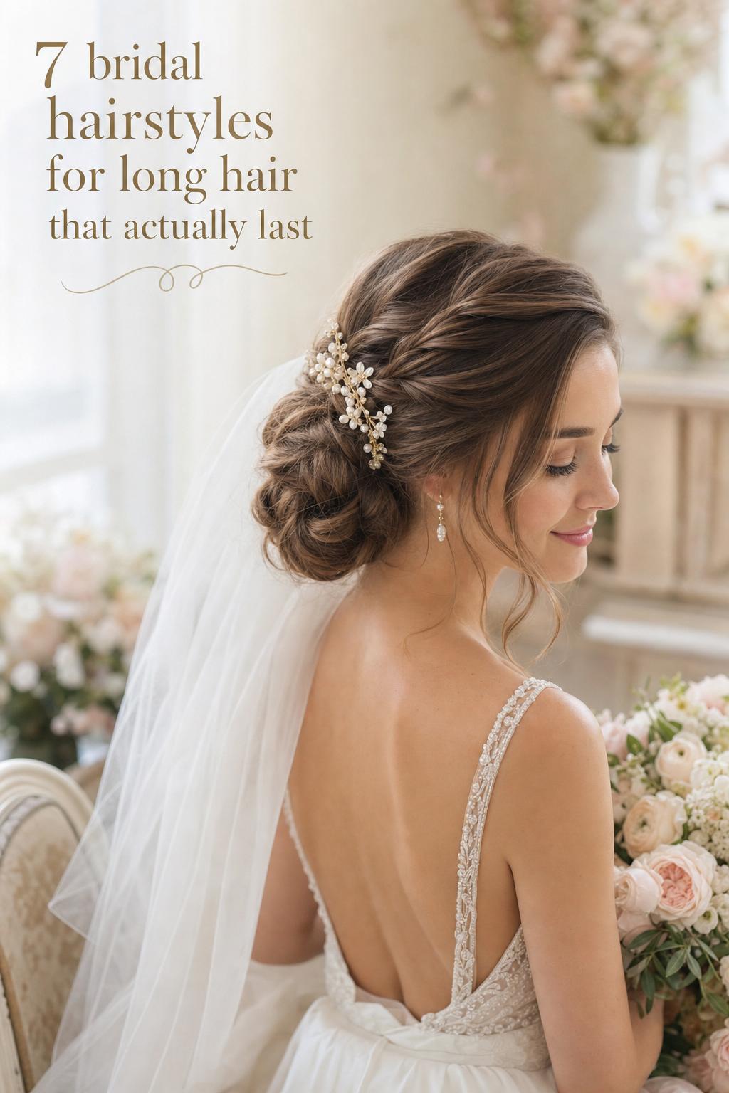 Bride in window light with low chignon and veil, showcasing bridal hairstyles for long hair in a dreamy fine art portrait
