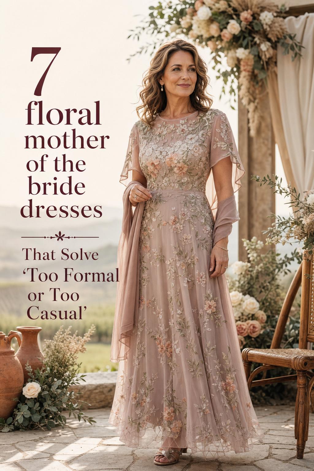 Floral mother of the bride dresses on an elegant woman in a boho vineyard garden wedding setting at golden hour