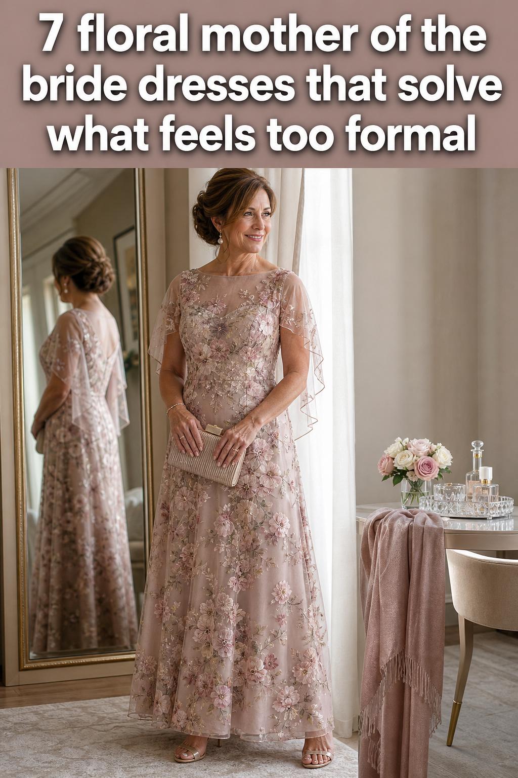 Floral mother of the bride dresses hanging in a bridal boutique, featuring elegant patterns and soft pastel tones