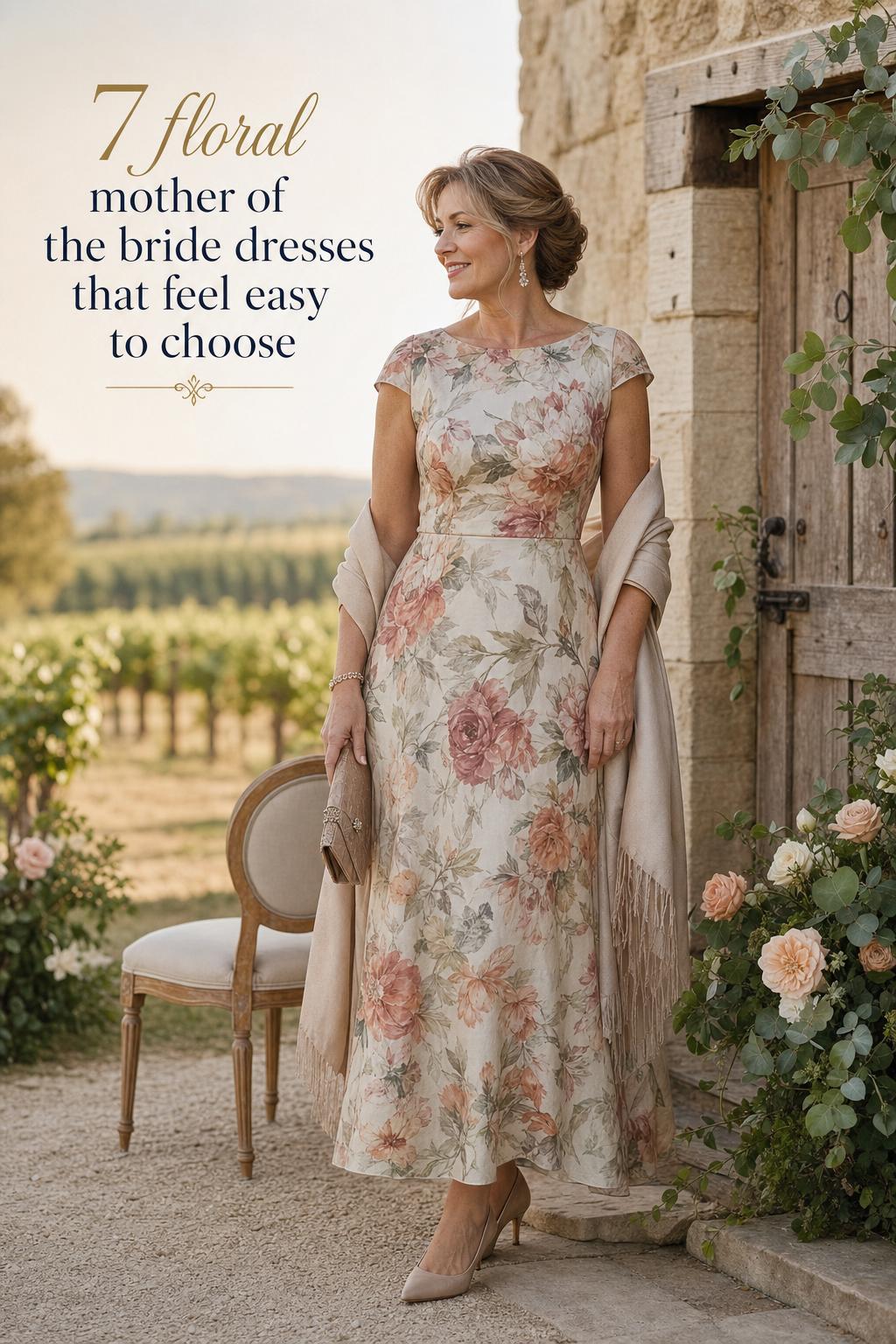 Woman in rustic estate garden wearing floral mother of the bride dresses with shawl, vineyard path and farmhouse backdrop