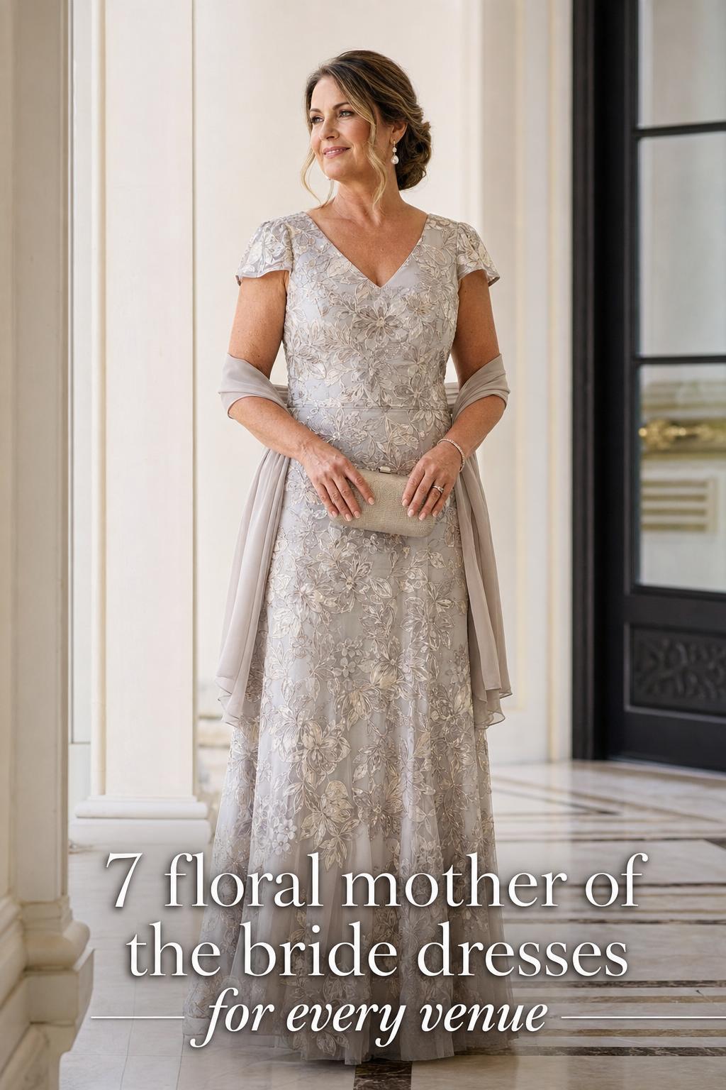 Woman in elegant floral mother of the bride dresses standing in a luxury wedding venue with soft daylight and pearl accessories