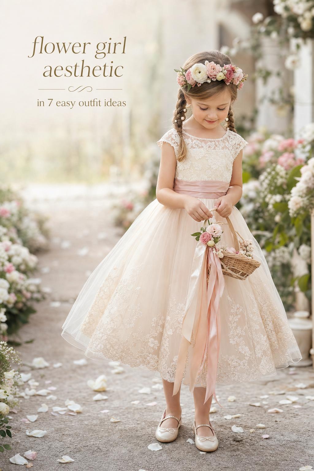 Flower girl aesthetic in an ivory and blush tulle dress with floral crown, holding a petal basket in soft garden light.