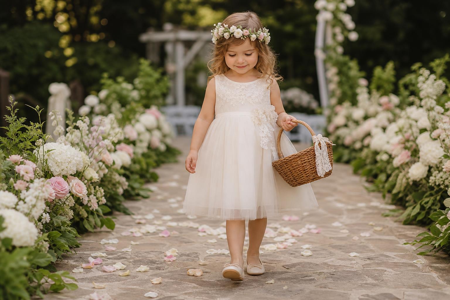 Flower girl aesthetic in a lace dress with floral crown and petal basket at a romantic garden wedding aisle