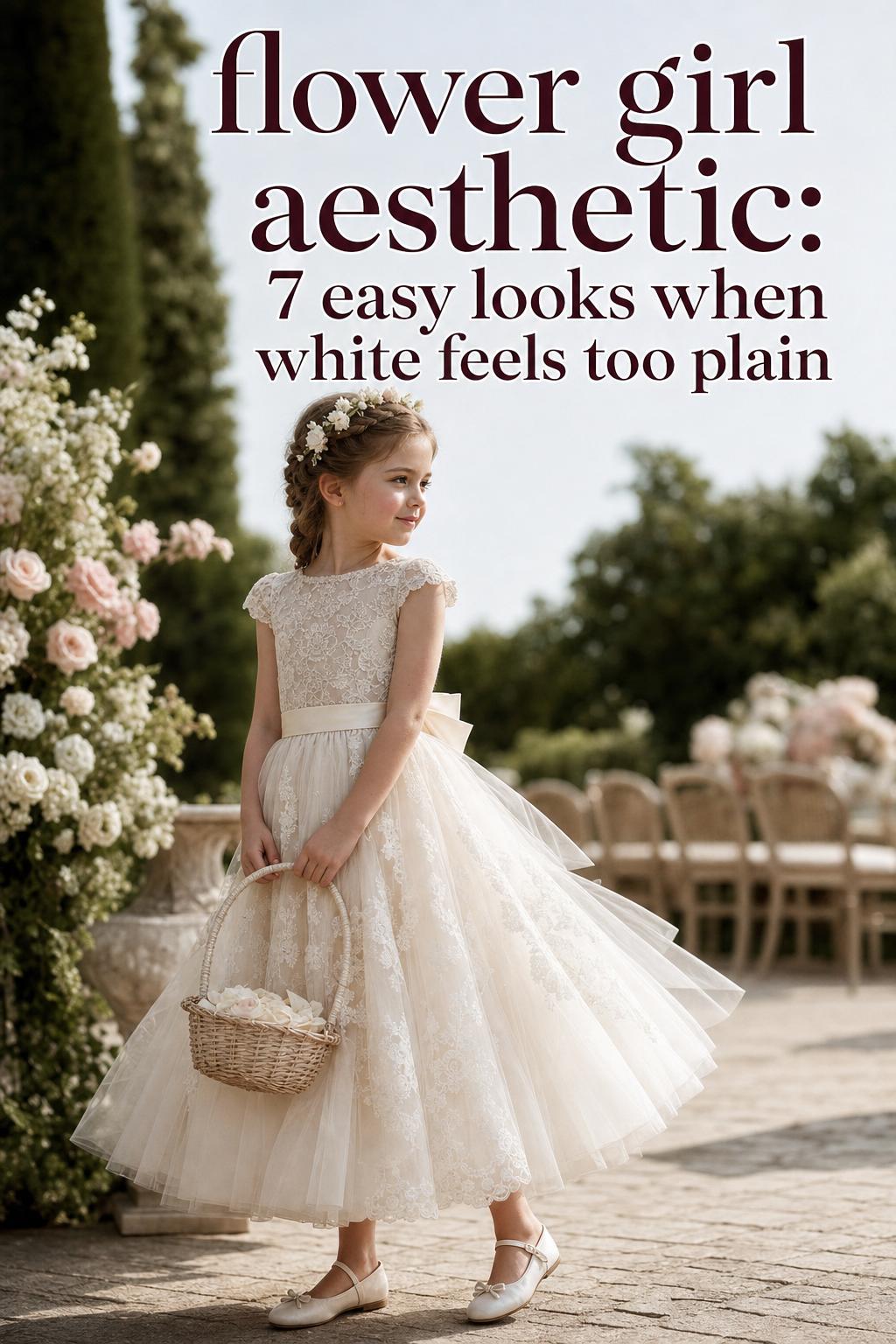 Flower girl aesthetic in a luxury garden wedding, featuring a stylish flower girl in an ivory lace tulle dress with petal basket