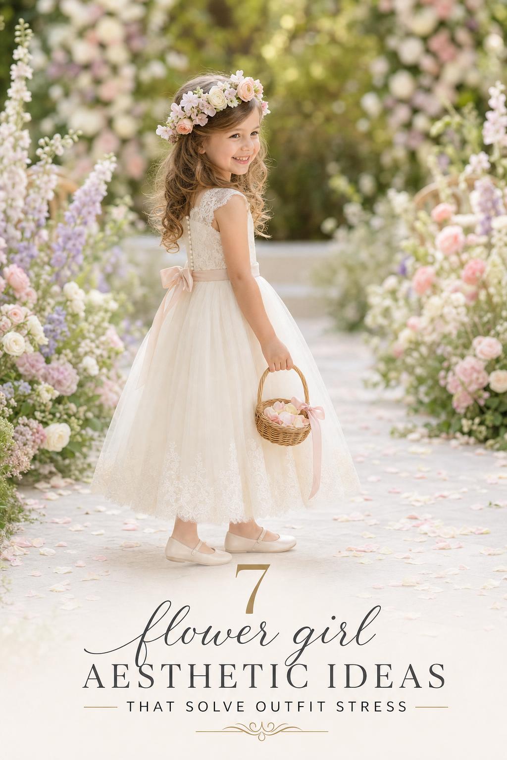 Flower girl aesthetic in a sunlit garden aisle with a joyful child in an ivory tulle dress holding a petal basket