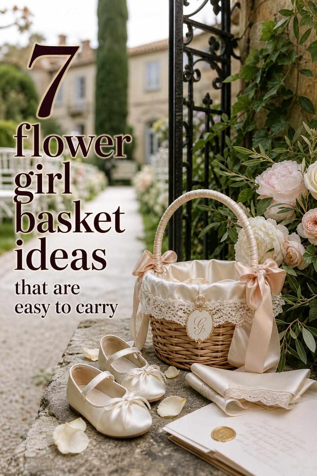 Flower girl basket ideas featuring an ivory-lined wicker basket with blush ribbons on stone steps at a European villa wedding