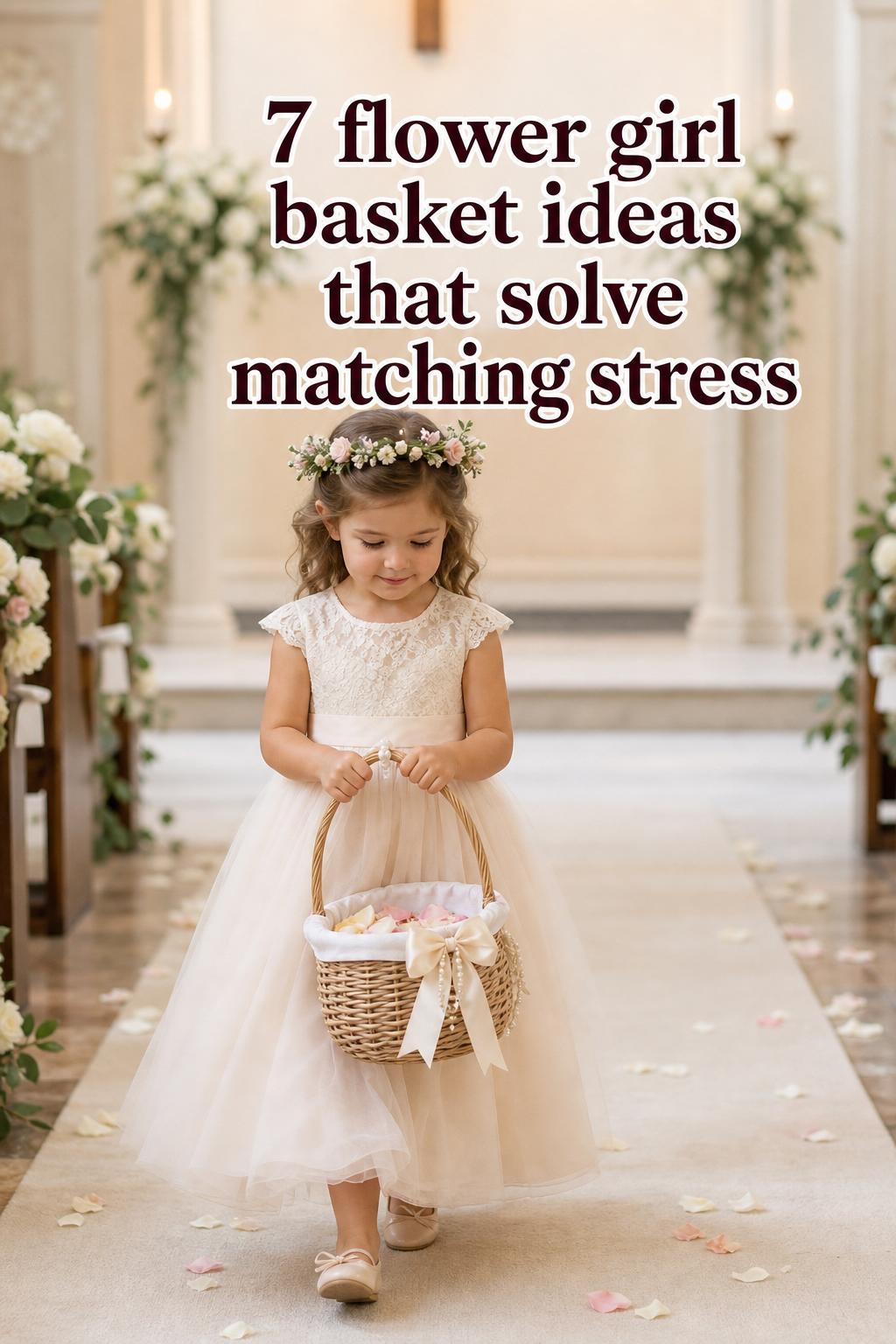 Flower girl basket inspiration: young flower girl walking down a bright wedding aisle carrying an ivory ribboned basket