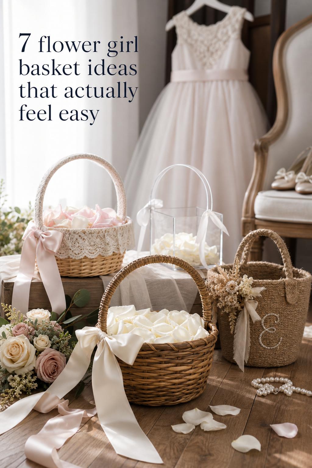 Flower girl basket ideas display with wicker, lace, and acrylic baskets in soft daylight for a romantic wedding prep scene