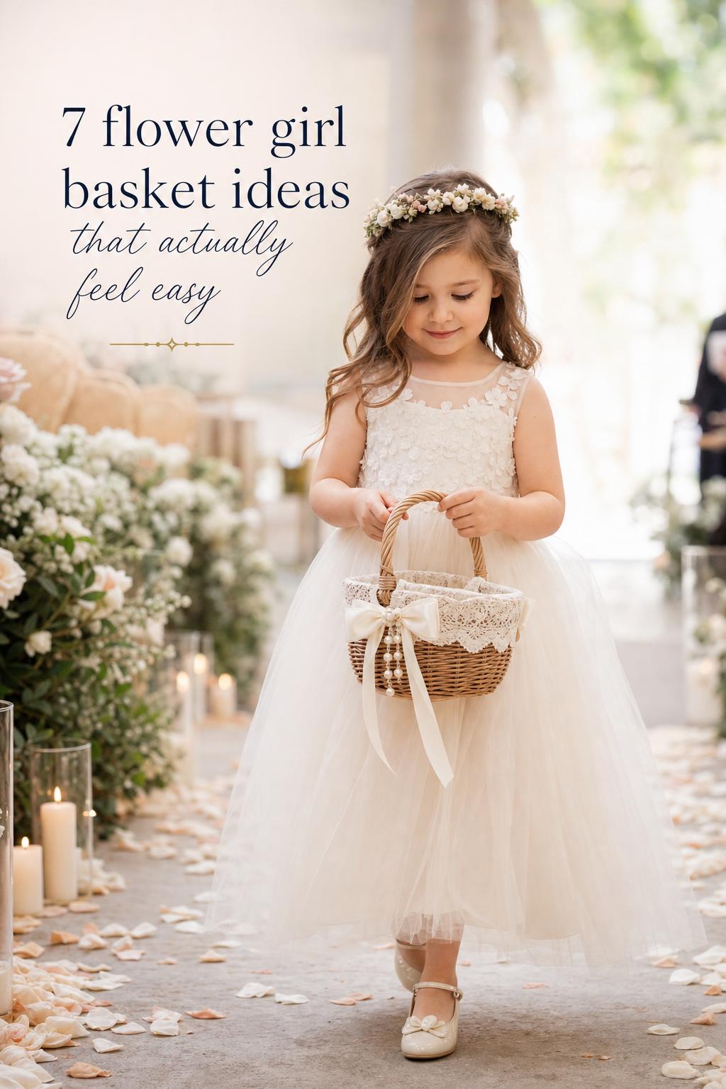 Flower girl basket in woven wicker with lace and ribbon, carried by a young flower girl walking down a wedding aisle