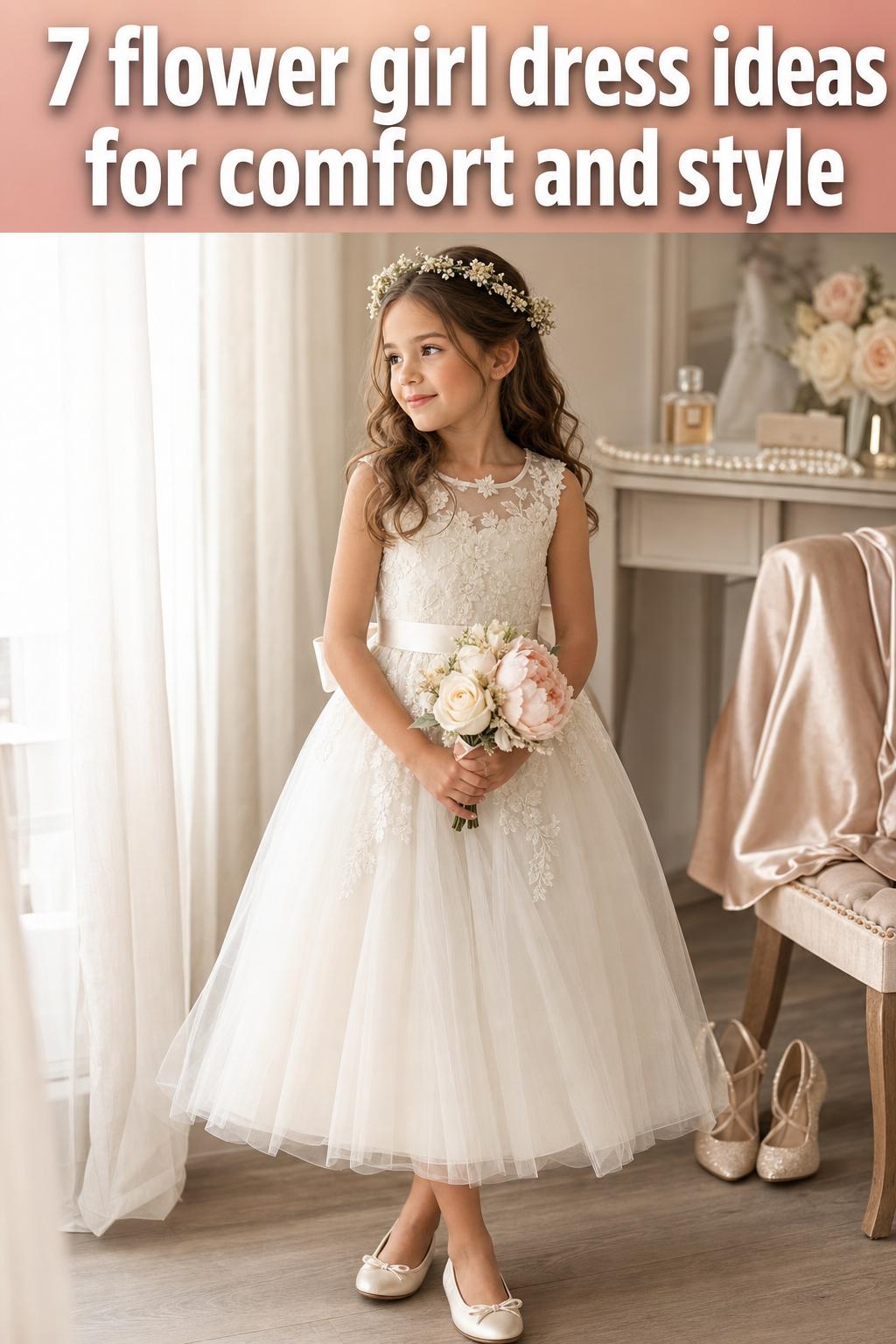 Flower girl dress ideas featuring a blush tulle gown with lace bodice, satin sash, and floral crown in soft daylight.
