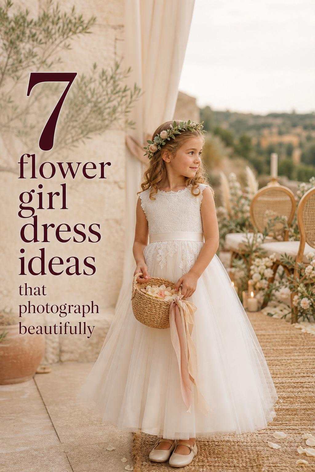 Flower girl dress ideas in a boho luxe wedding editorial with an ivory lace and tulle dress at golden hour