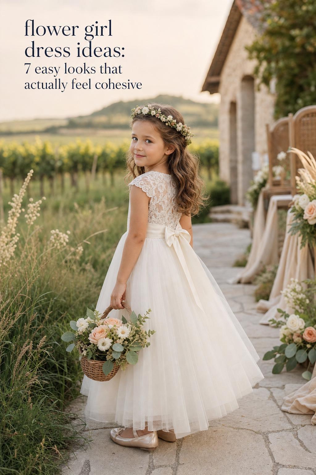 Flower girl dress ideas: young flower girl in ivory lace and tulle dress with floral crown at golden-hour vineyard wedding aisle